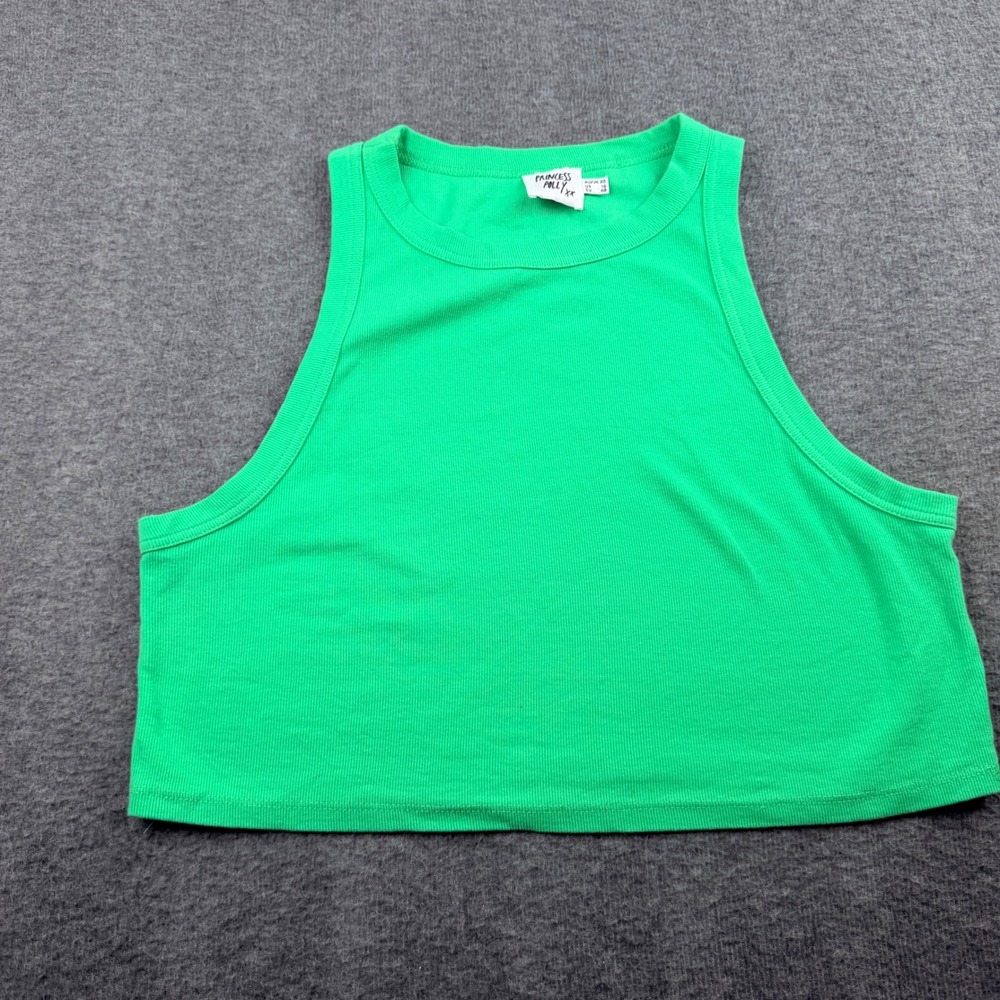 Princess Polly Tank Top Women 16 Green Ribbed Organic Cotton Crop Racerback Tank